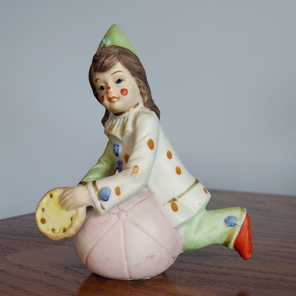 * Frankel Clown Figurine with Polka Dots on a Pink Ball, Porcelain, Vintage